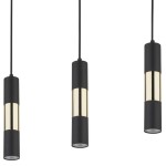 Lampa wisząca Vivien 3-punktowa w kolorze czarnym i złotym. Składa się z trzech cylindrycznych opraw z matowego metalu z połyskującymi złotymi elementami. Zawieszona na cienkich przewodach, idealna do nowoczesnych wnętrz.