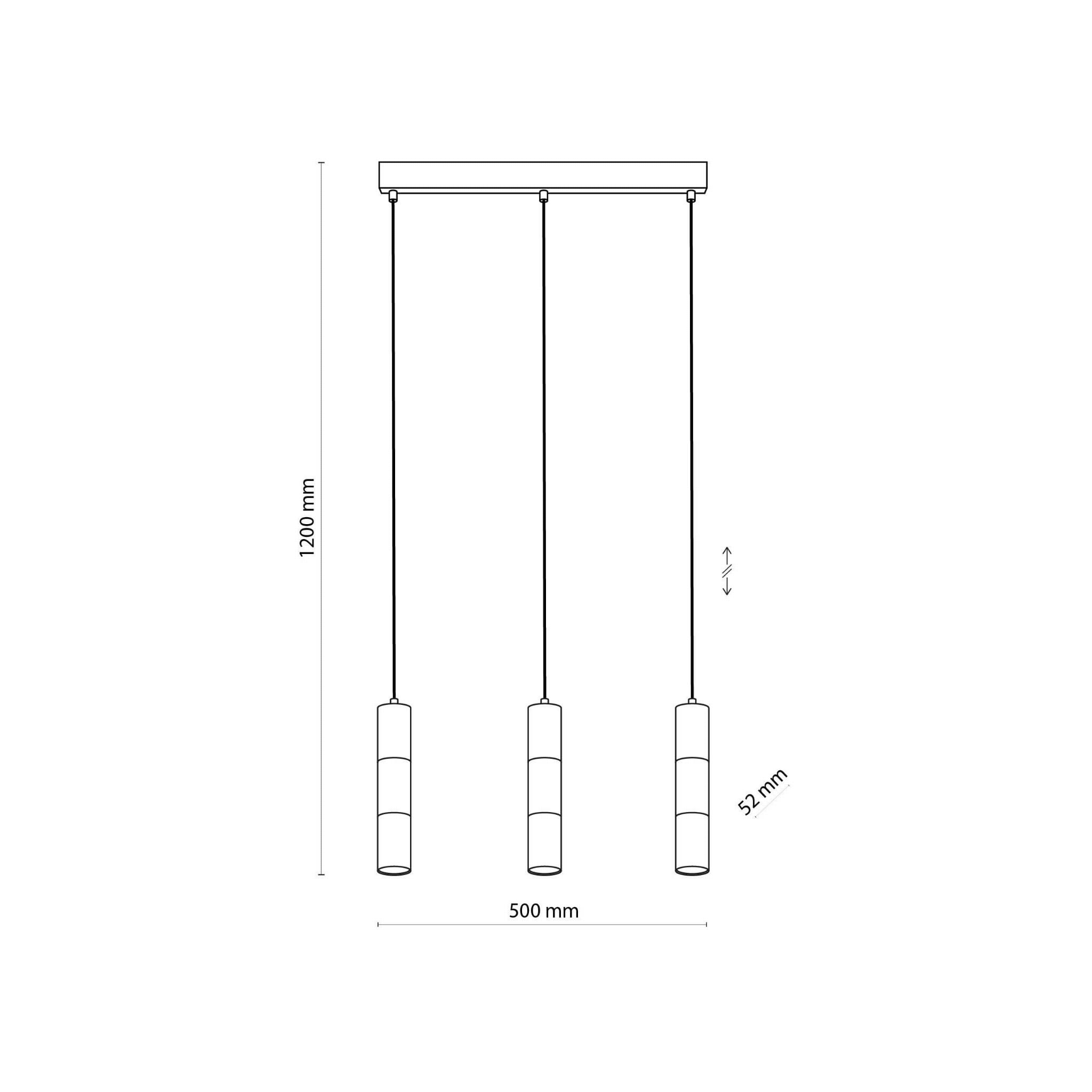 Lampa wisząca Vivien 3-punktowa w kolorze czarnym i złotym, z trzema cylindrycznymi kloszami zawieszonymi na cienkich linkach. Wymiary: wysokość 1200 mm, długość 500 mm, średnica klosza 51 mm. Prosty, nowoczesny design.