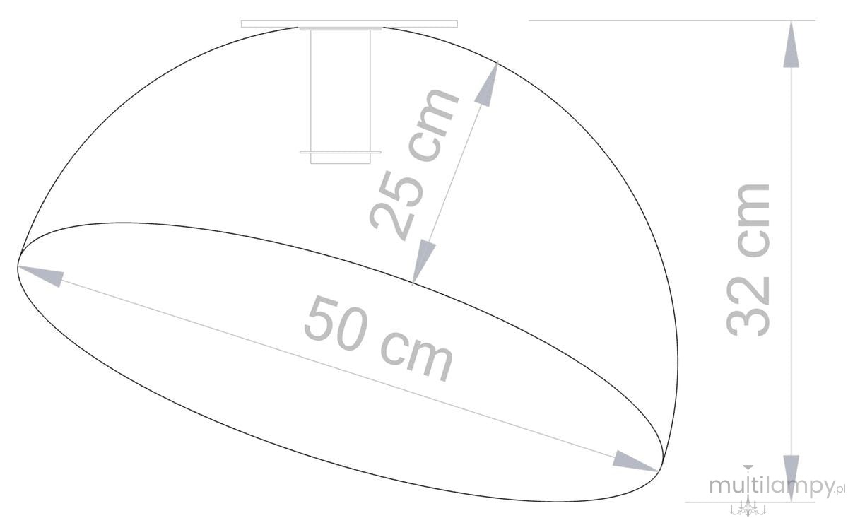 Lampa sufitowa Sfera D50 w kolorze białym z miedzianym wykończeniem, o średnicy 50 cm, wysokości 32 cm i głębokości 25 cm. Ujęcie frontalne, ukazujące kształt owalny oraz wymiary produktu.