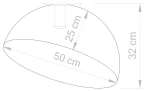 Lampa sufitowa Sfera D50 w kolorze białym z miedzianym wykończeniem, o średnicy 50 cm, wysokości 32 cm i głębokości 25 cm. Ujęcie frontalne, ukazujące kształt owalny oraz wymiary produktu.