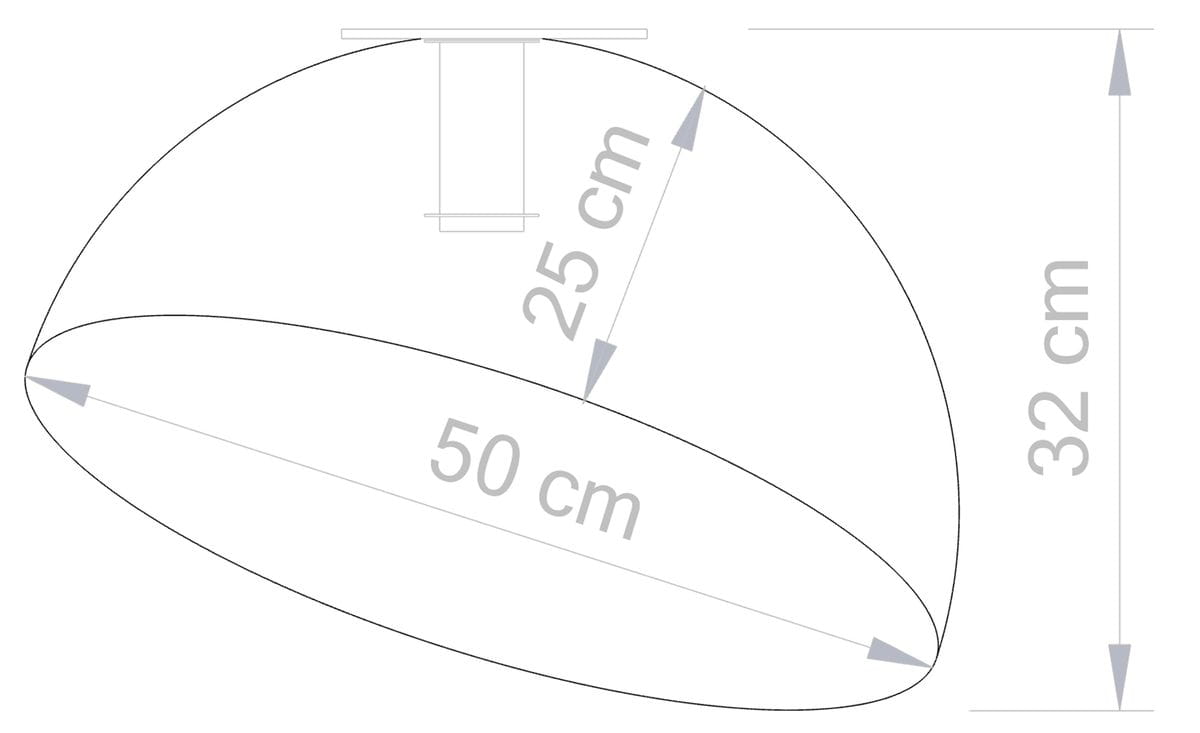 Sfera D50 lampa sufitowa 1-punktowa w kolorze białym z złotym wykończeniem, o średnicy 50 cm, wysokości 32 cm i głębokości 25 cm. Zawieszona pod kątem, z prostą, gładką powierzchnią, idealna do nowoczesnych wnętrz.