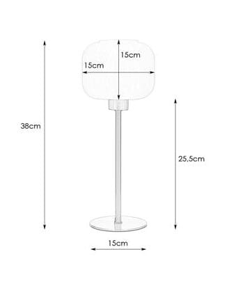 Lampka stołowa Sober 1-punktowa, stalowa z białym kloszem. Wysokość 38 cm, średnica podstawy 15 cm. Klosz o wymiarach 15 x 15 cm, na prostym, smukłym stelażu. Produkt w ujęciu frontalnym, na białym tle.