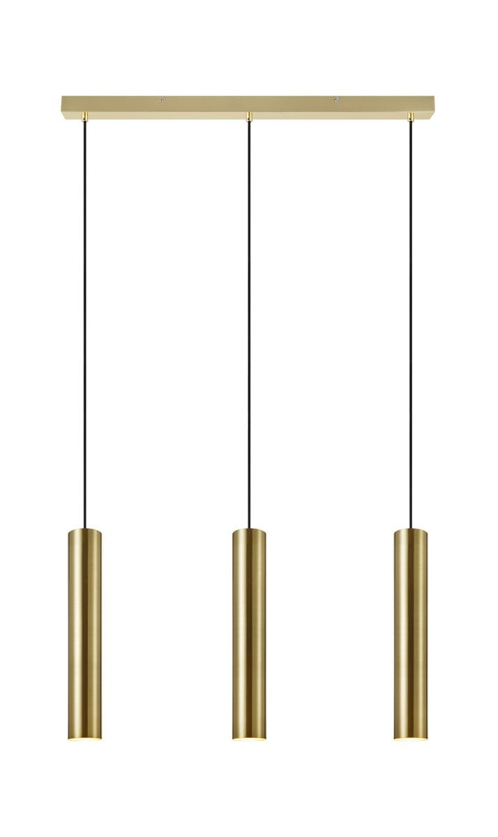 Lampa wisząca Ruben 3-punktowa w złotym szczotkowanym wykończeniu, z trzema cylindrycznymi kloszami zawieszonymi na czarnych linkach. Ujęcie frontalne, produkt zamontowany na prostokątnej podstawie.