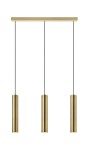 Lampa wisząca Ruben 3-punktowa w złotym szczotkowanym wykończeniu, z trzema cylindrycznymi kloszami zawieszonymi na czarnych linkach. Ujęcie frontalne, produkt zamontowany na prostokątnej podstawie.
