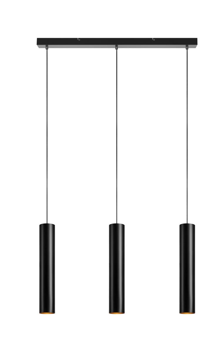 Lampa wisząca Ruben 3-punktowa w kolorze czarnym. Składa się z trzech cylindrycznych kloszy zawieszonych na cienkich linkach, zamocowanych na prostokątnej podstawie. Klosze mają matowe wykończenie z mosiężnymi detalami u dołu.