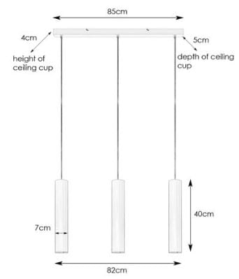 Trzy punkty świetlne w lampie wiszącej Ruben w kolorze czarnym. Wymiary: długość 85 cm, głębokość 5 cm, wysokość 40 cm. Każdy klosz ma 7 cm wysokości. Prosty, nowoczesny design, idealny do różnych aranżacji wnętrz.