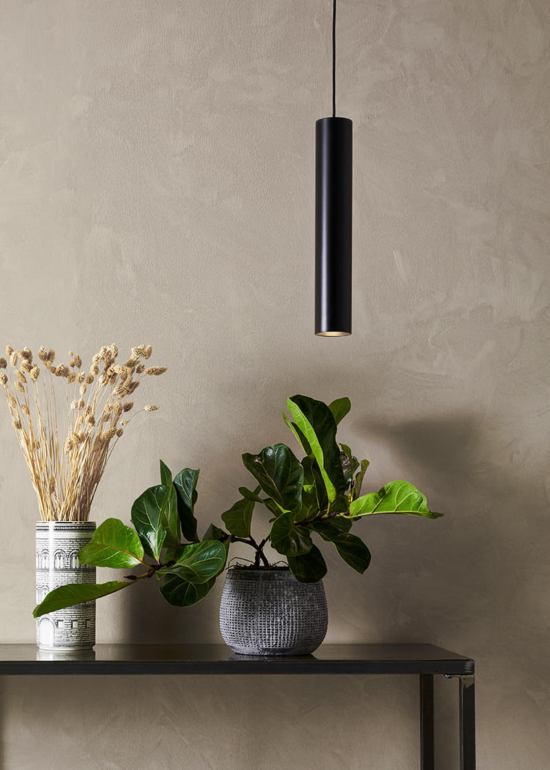 Czarna lampa wisząca Ruben w kształcie cylindrycznym, zawieszona na cienkim przewodzie. W tle widoczna półka z roślinami w doniczkach oraz suszonymi kwiatami. Tło w odcieniach beżu.