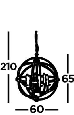 Czarna lampa wisząca Orbit 6-punktowa, o okrągłej formie z sześcioma miejscami na źródła światła. Wymiary: wysokość 210 cm, średnica 60 cm, głębokość 65 cm. Zawieszona na cienkim przewodzie, minimalistyczny design.
