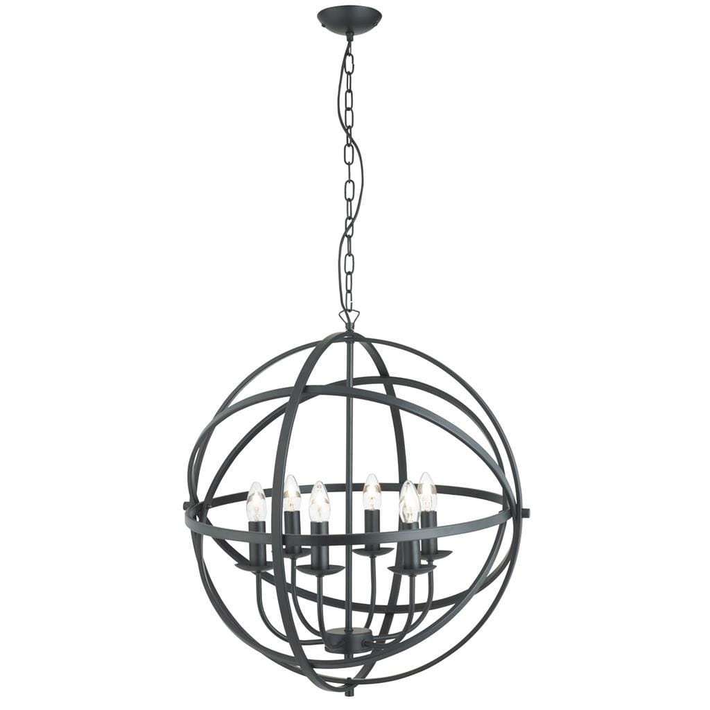 Lampa wisząca Orbit 6-punktowa w kolorze czarnym o okrągłej konstrukcji z metalowych prętów. Widoczne sześć miejsc na żarówki, zawieszona na łańcuchu. Stylowy design, idealna do nowoczesnych wnętrz.