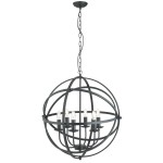 Lampa wisząca Orbit 6-punktowa w kolorze czarnym o okrągłej konstrukcji z metalowych prętów. Widoczne sześć miejsc na żarówki, zawieszona na łańcuchu. Stylowy design, idealna do nowoczesnych wnętrz.