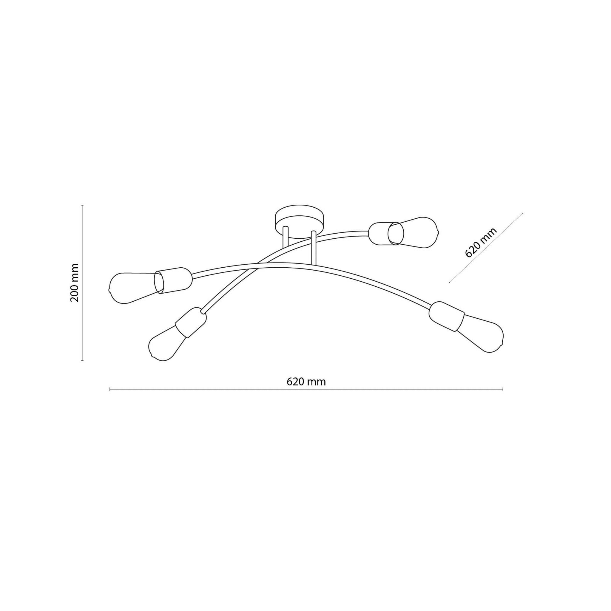 Złota lampa sufitowa Helix 4-punktowa z czterema elastycznymi ramionami, o wymiarach 620 mm szerokości i 200 mm wysokości. Prosta konstrukcja z miejscem na żarówki, montowana na suficie. Idealna do nowoczesnych wnętrz.