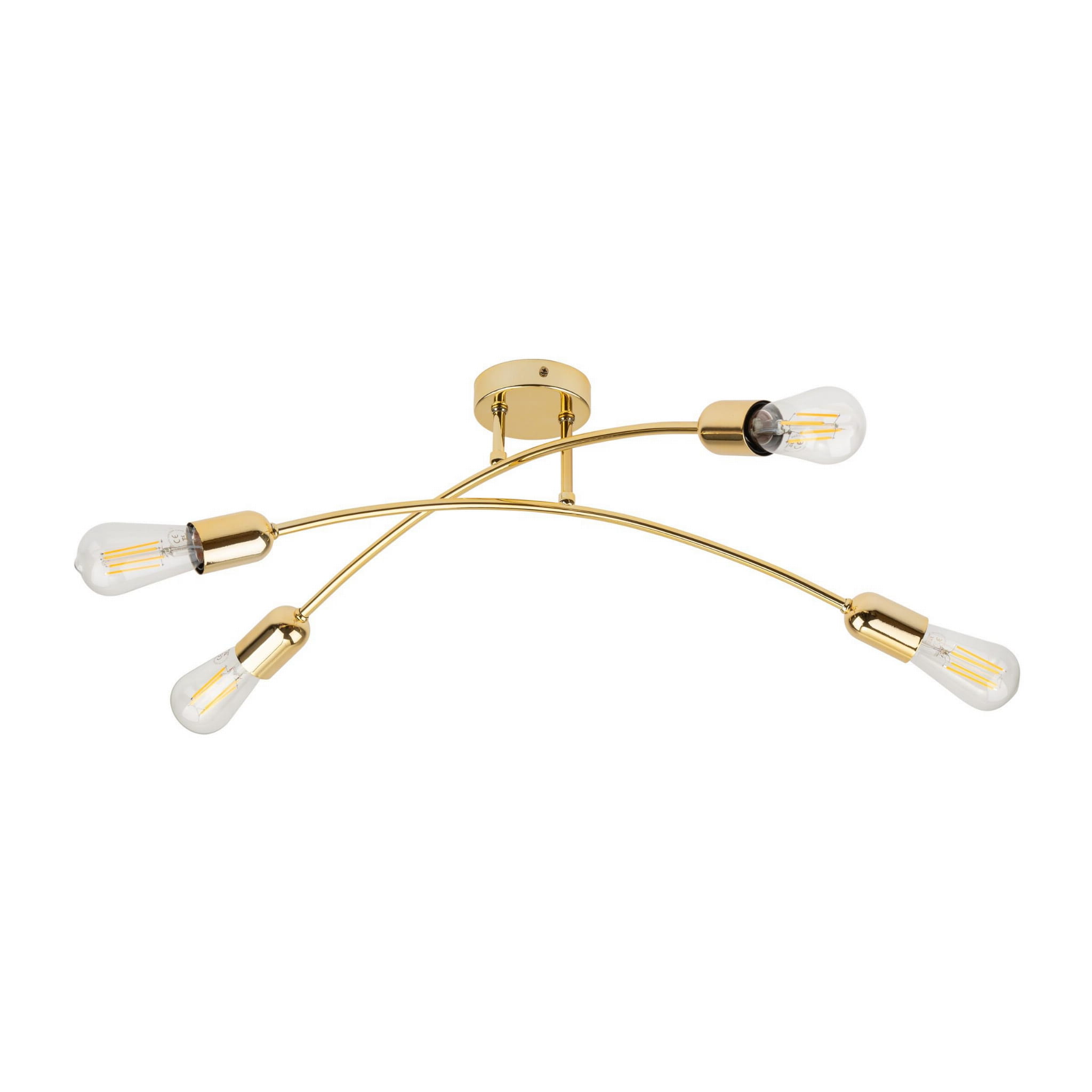 Lampa sufitowa Helix 4-punktowa w kolorze złotym, z czterema elastycznymi ramionami, na których umieszczone są przezroczyste żarówki. Montaż sufitowy, nowoczesny design, idealna do wnętrz.