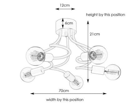 Czarna lampa sufitowa Medusa, pięciopunktowa, z okrągłym mocowaniem. Wymiary: średnica 70 cm, wysokość 21 cm. Zawiera pięć przezroczystych kloszy na żarówki, umieszczonych na elastycznych ramionach. Idealna do nowoczesnych wnętrz.