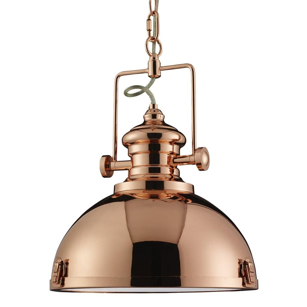 Miedziana lampa wisząca 1-punktowa Louisiana z zaokrągloną kopułą i dekoracyjnym mocowaniem. Zawieszona na metalowym łańcuchu, z widocznym przewodem. Styl retro, idealna do aranżacji industrialnych lub vintage.
