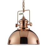 Miedziana lampa wisząca 1-punktowa Louisiana z zaokrągloną kopułą i dekoracyjnym mocowaniem. Zawieszona na metalowym łańcuchu, z widocznym przewodem. Styl retro, idealna do aranżacji industrialnych lub vintage.