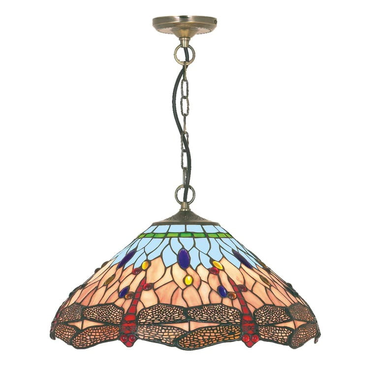 Lampa wisząca Dragonfly z kloszem w stylu witrażowym, w odcieniach błękitu, beżu oraz czerwieni. Antyczny mosiężny stelaż, kształt stożkowy, zawieszona na cienkim łańcuszku. Idealna do eleganckich wnętrz.