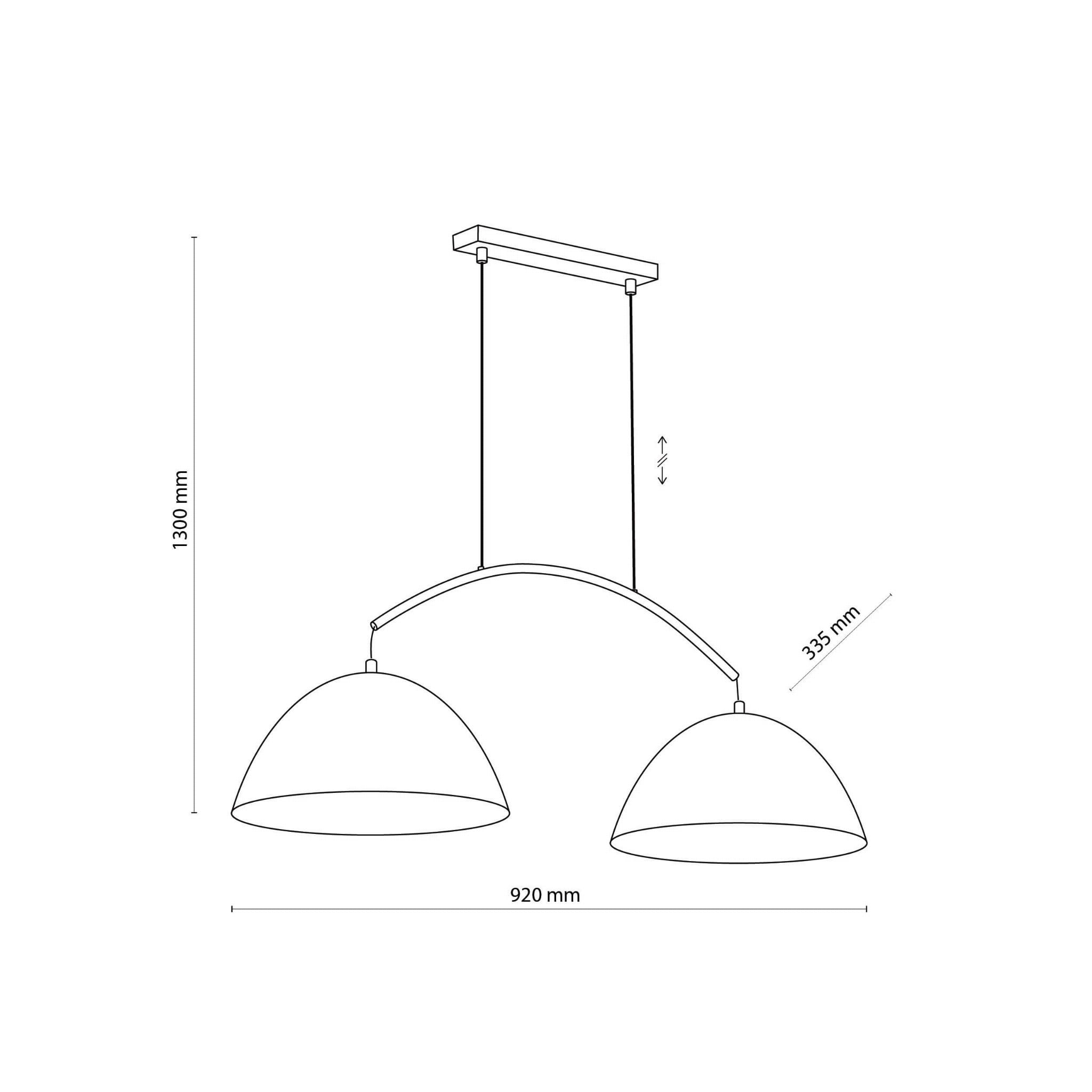 Lampa wisząca Faro 2-punktowa w kolorze czarnym, złożona z dwóch okrągłych kloszy o średnicy 920 mm, zawieszona na łuku. Wysokość całkowita wynosi 1300 mm, a klosze są oddalone od siebie o 335 mm. Idealna do nowoczesnych wnętrz.