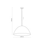 Biała lampa wisząca Faro D50 o średnicy 500 mm i wysokości 1750 mm, w kształcie półkuli. Zawieszona na cienkim kablu, z prostym stelażem sufitowym. Idealna do minimalistycznych wnętrz.