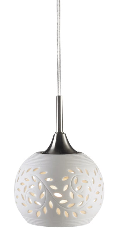 Lampa wisząca Lohals 1-punktowa z białego materiału ceramicznego, o okrągłym kształcie z wyciętymi wzorami liści, zawieszona na metalowym, stalowym uchwycie. Idealna do nowoczesnych wnętrz.