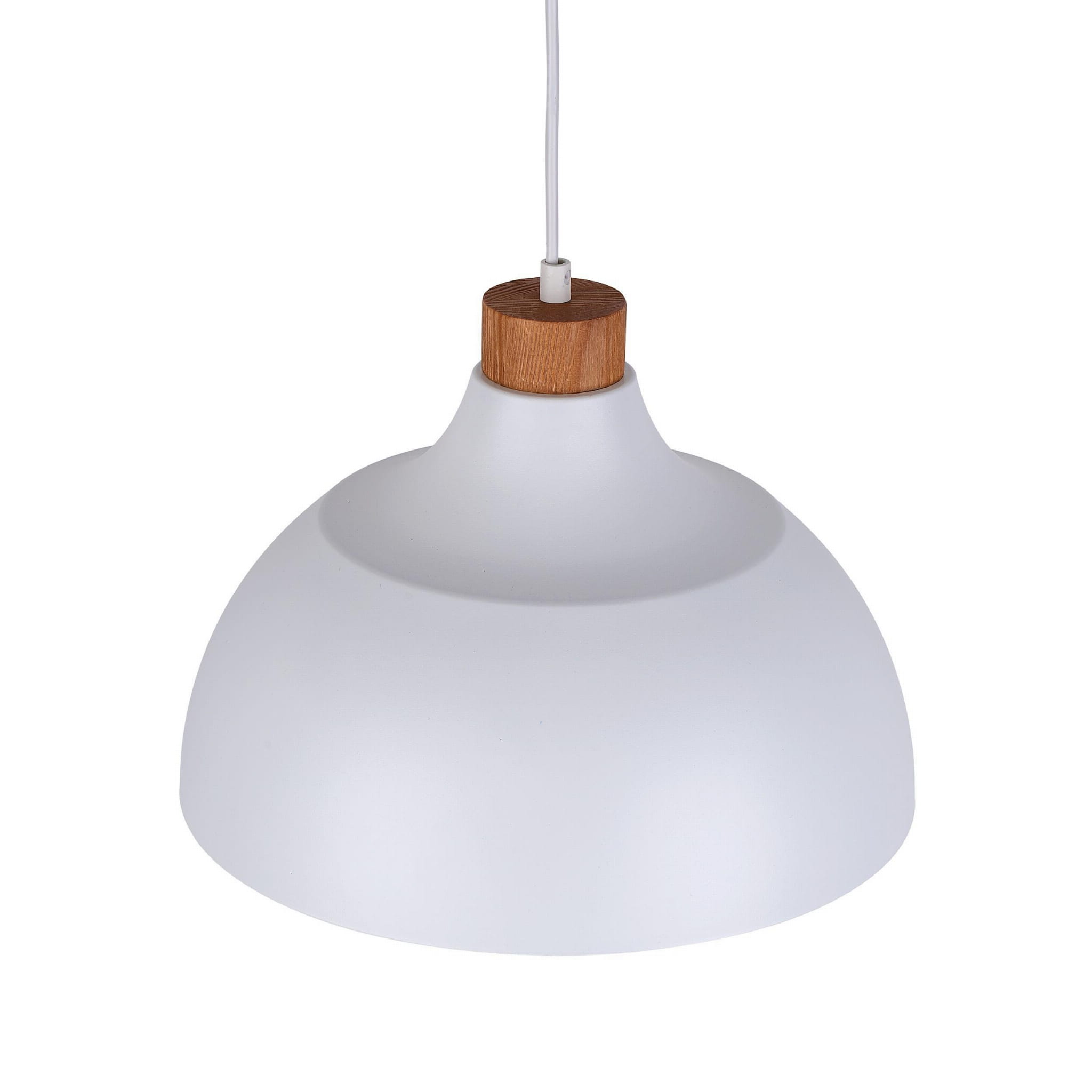 Lampa wisząca Cap 1-punktowa w białym kolorze z matowym wykończeniem, z drewnianym uchwytem na górze. Produkt zawieszony na białym przewodzie, o zaokrąglonym kształcie klosza, idealny do nowoczesnych wnętrz.