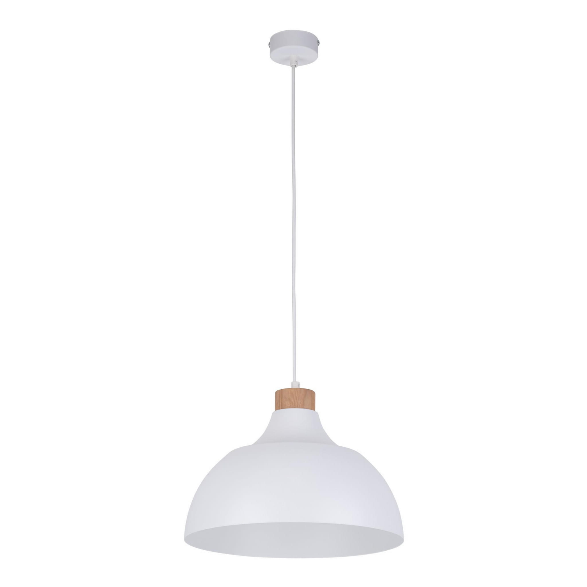 Biała lampa wisząca 1-punktowa Cap z matowym kloszem w kształcie stożka, zawieszona na białym przewodzie. Górna część z naturalnego drewna, montowana do sufitu. Prosta, nowoczesna forma, idealna do różnych wnętrz.