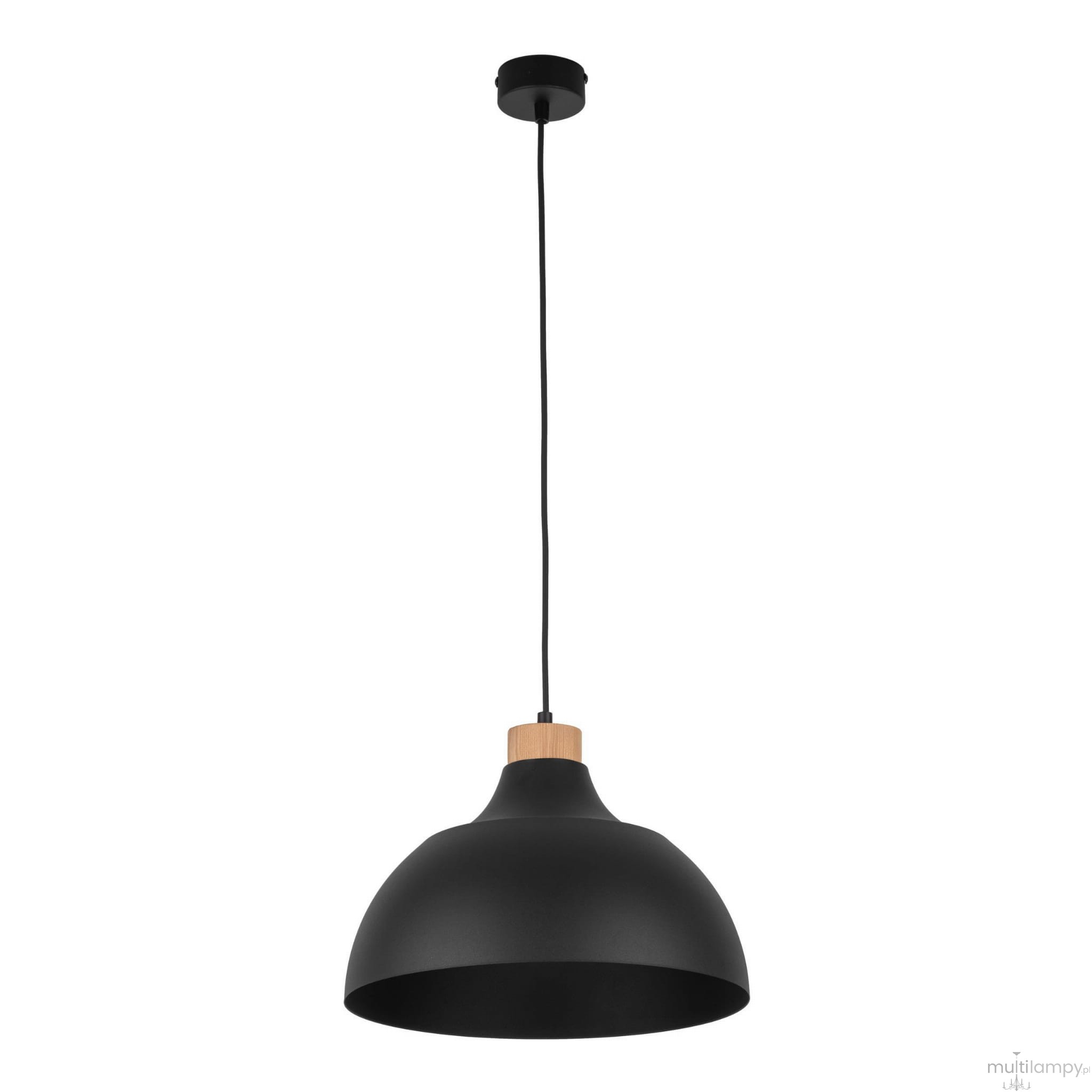 Lampa wisząca Cap 1-punktowa w kolorze czarnym z drewnianym elementem u podstawy. Okrągła, matowa czasza, zawieszona na długim czarnym przewodzie. Wisi w pozycji pionowej, na prostym, jasnym tle.