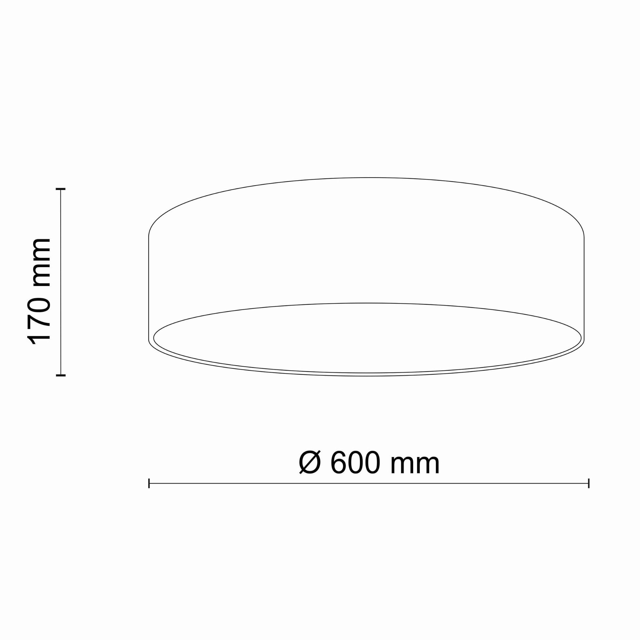 Plafon Earth D60 w szarym melanżu, okrągły, o średnicy 600 mm i wysokości 170 mm. Produkt z czterema punktami świetlnymi, minimalistyczny design, idealny do nowoczesnych wnętrz. Ujęcie frontalne, ukazujące jego kształt i wymiary.