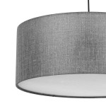 Lampa wisząca Earth D50 w kształcie cylindrycznym, wykonana z materiału w szarym melanżu. Zawieszona na czarnym przewodzie, z białym wnętrzem klosza, idealna do nowoczesnych wnętrz.
