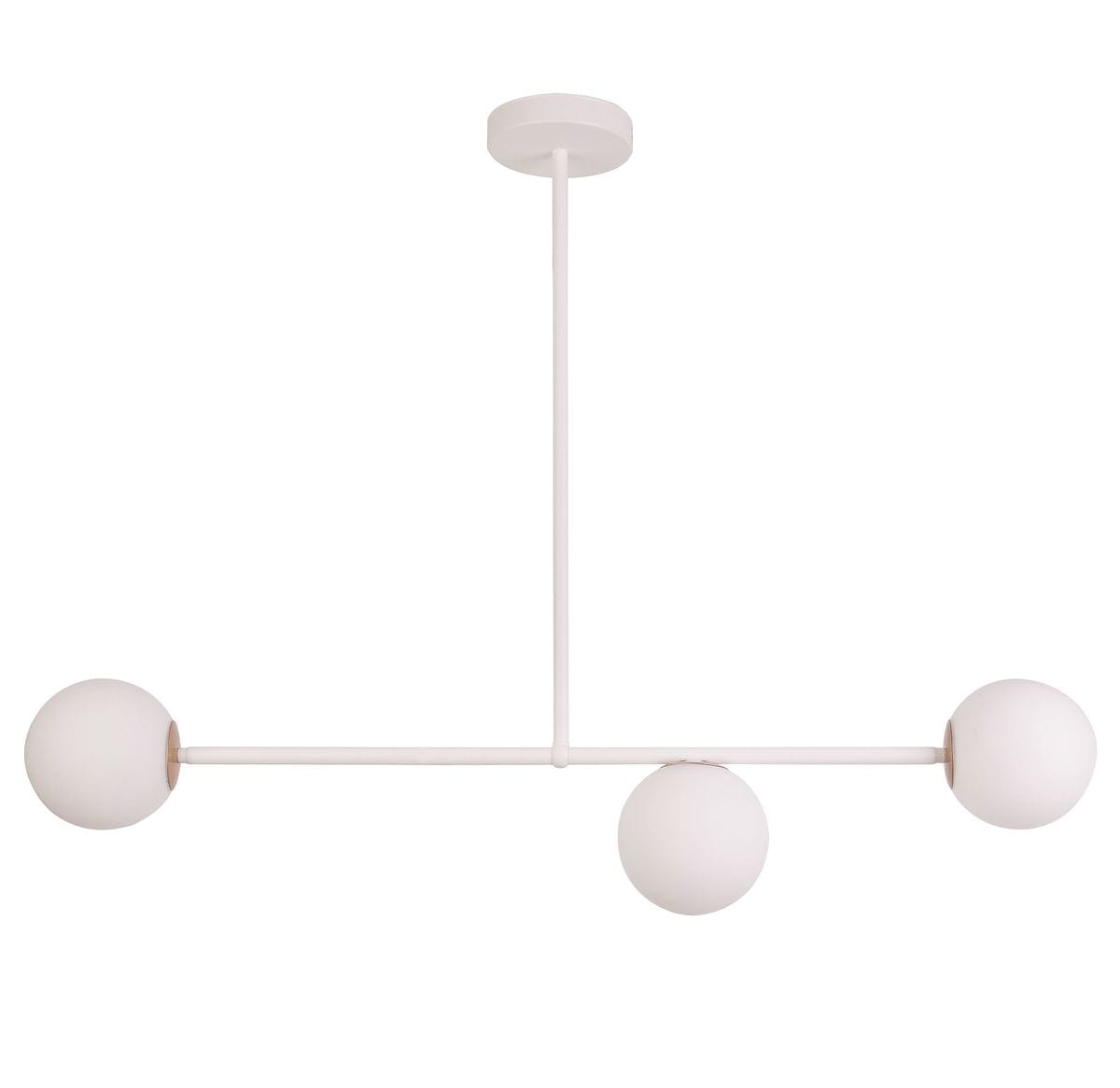 Lampa wisząca Gama 3-punktowa w kolorze białym, z trzema okrągłymi kloszami, zawieszona na prostej metalowej konstrukcji. Klosze mają matowe wykończenie, a całość ma minimalistyczny design. Ujęcie z przodu, wisząca, oświetlenie przeznaczone do wnętrz.