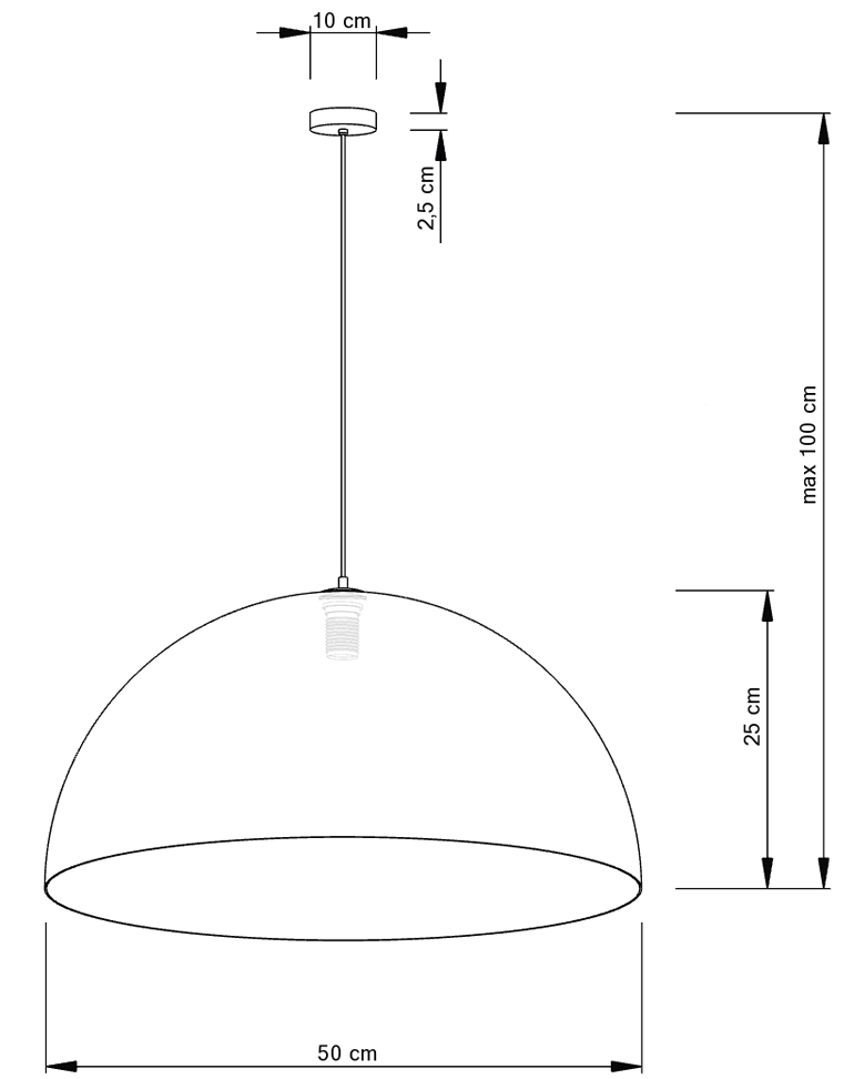 Lampa wisząca Sfera D50, złota, o średnicy 50 cm i wysokości 25 cm, zawieszona na cienkim przewodzie. Posiada okrągły sufitowy uchwyt o średnicy 10 cm i długości maksymalnej 100 cm. Prosta, elegancka forma.