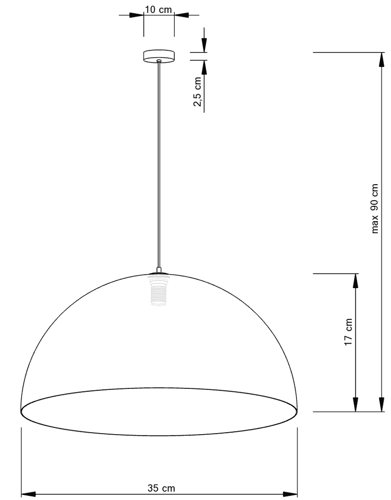 Lampa wisząca Sfera D35 w kolorze czarnym i miedzianym, o średnicy 35 cm i wysokości 17 cm. Posiada metalowy klosz w kształcie półkuli, zawieszony na cienkim przewodzie, z maksymalną długością 90 cm. Design minimalistyczny, idealna do nowoczesnych wnętrz.