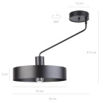 Czarna lampa sufitowa 1-punktowa Jumbo, z metalowym kloszem o średnicy 35 cm i wysokości 8 cm. Zamontowana na cienkim ramieniu, zawieszona na wysokości 47,5 cm, z możliwością obrotu o 300°. Prosta konstrukcja, idealna do nowoczesnych wnętrz.