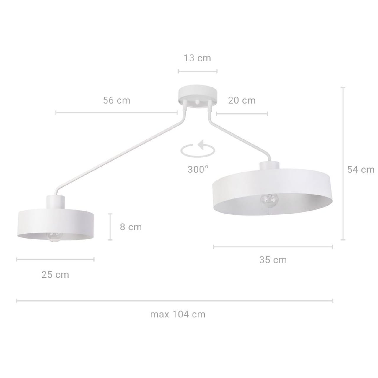 Biała lampa sufitowa 2-punktowa Jumbo, z prostymi, okrągłymi kloszami o średnicy 25 cm i 35 cm. Umożliwia obrót o 300°. Wymiary: wysokość 54 cm, szerokość max 104 cm, długość 56 cm. Metalowa konstrukcja, minimalistyczny design.