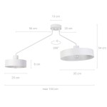 Biała lampa sufitowa 2-punktowa Jumbo, z prostymi, okrągłymi kloszami o średnicy 25 cm i 35 cm. Umożliwia obrót o 300°. Wymiary: wysokość 54 cm, szerokość max 104 cm, długość 56 cm. Metalowa konstrukcja, minimalistyczny design.