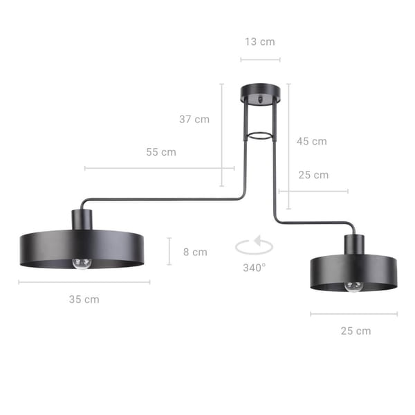 Czarna lampa sufitowa Vasco z dwoma punktami świetlnymi, z metalowym stelażem w minimalistycznym stylu. Wymiary: długość 55 cm, wysokość 37 cm, średnica kloszy 35 cm. Klosze można obracać o 340°. Montaż sufitowy.