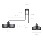 Czarna lampa sufitowa Vasco z dwoma punktami świetlnymi, z metalowym stelażem w minimalistycznym stylu. Wymiary: długość 55 cm, wysokość 37 cm, średnica kloszy 35 cm. Klosze można obracać o 340°. Montaż sufitowy.