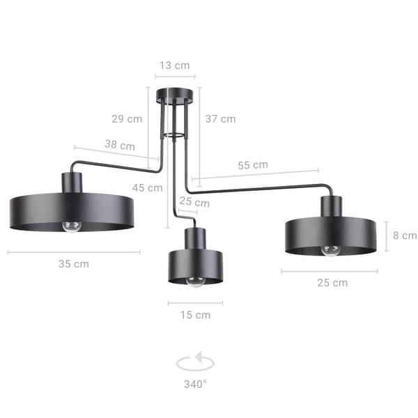 Czarna lampa sufitowa Vasco 3-punktowa, z trzema okrągłymi kloszami o średnicy 25 cm i wysokości 8 cm, zawieszona na metalowych ramionach. Wysokość całkowita 55 cm, z możliwością obrotu 340°. Prosta, nowoczesna forma.