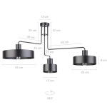 Czarna lampa sufitowa Vasco 3-punktowa, z trzema okrągłymi kloszami o średnicy 25 cm i wysokości 8 cm, zawieszona na metalowych ramionach. Wysokość całkowita 55 cm, z możliwością obrotu 340°. Prosta, nowoczesna forma.