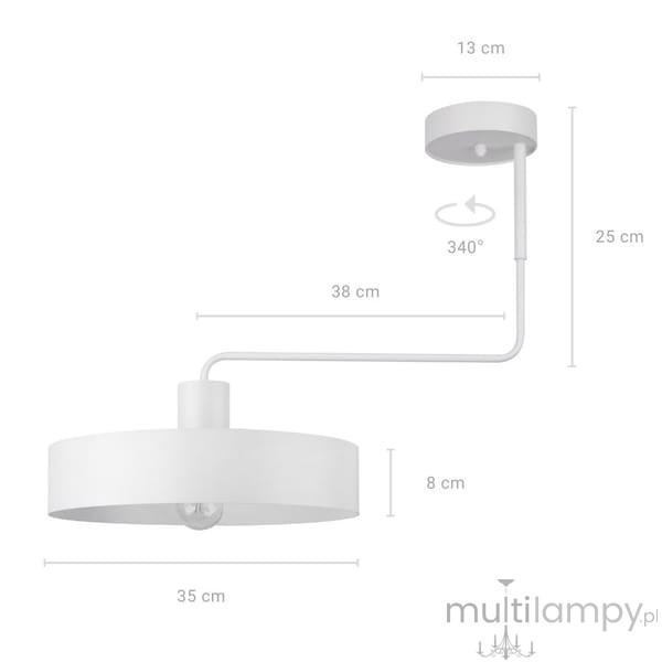 Lampa sufitowa Vasco, 1-punktowa, w białym kolorze. Okrągły klosz o średnicy 35 cm, wysokość 38 cm, z regulacją kąta 340°. Uchwyt montażowy o średnicy 13 cm. Prosta forma, idealna do nowoczesnych wnętrz.