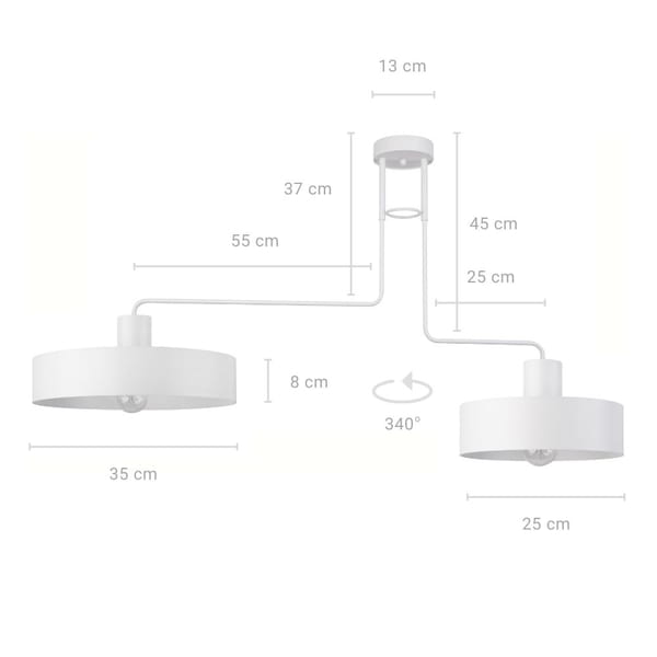 Lampa sufitowa Vasco 2-punktowa w kolorze białym. Posiada dwa okrągłe klosze o średnicy 35 cm, zawieszone na metalowej konstrukcji. Wysokość 13 cm, z możliwością obrotu 340°. Długość ramienia 55 cm, odległość od sufitu 45 cm.