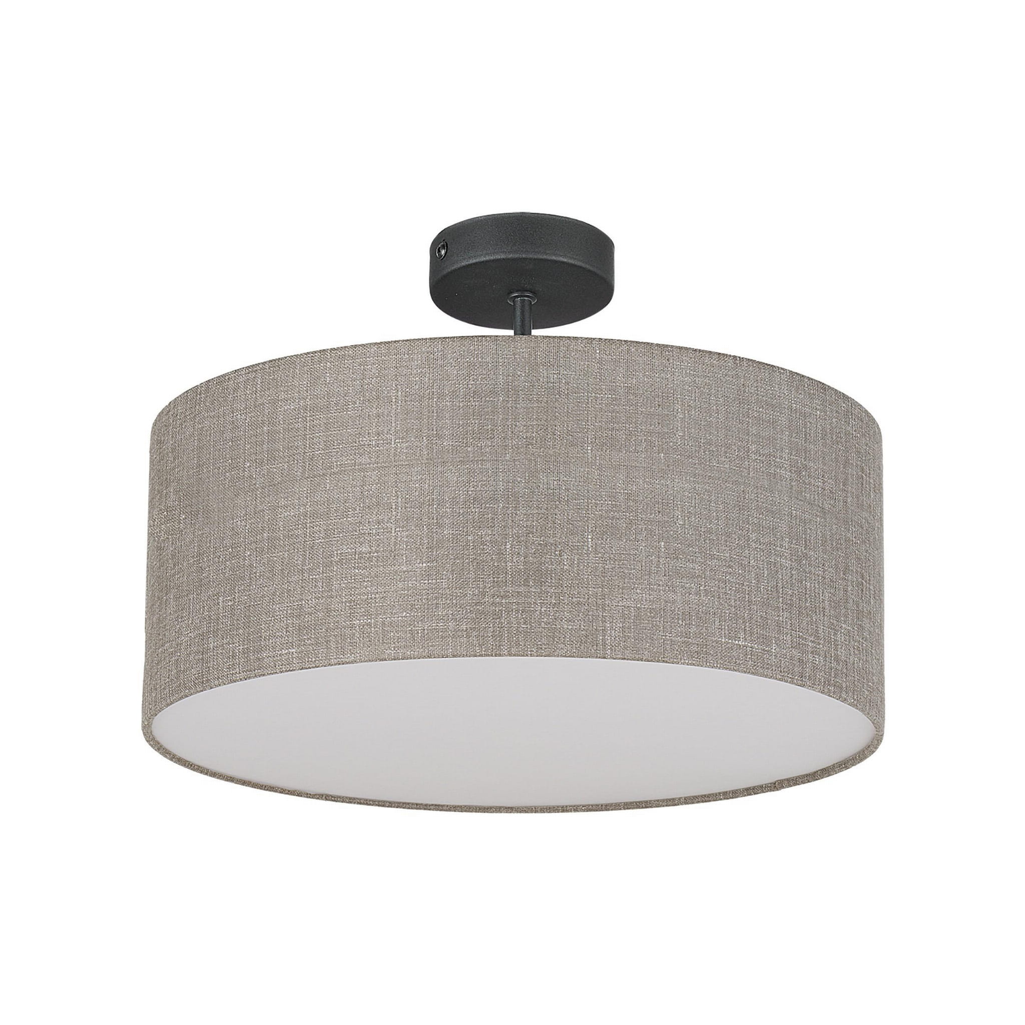 Beżowa lampa sufitowa Rondo D40 o 4 punktach świetlnych. Okrągły klosz z teksturowanego materiału, zamocowany na czarnej podstawie. Lampa wisi w pozycji poziomej, idealna do nowoczesnych wnętrz.