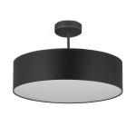 Czarna lampa sufitowa Rondo D60 z 4 punktami świetlnymi, o okrągłym, płaskim kształcie. Ujęcie z dołu, pokazujące gładką matową powierzchnię oraz białą osłonę. Montaż na suficie, minimalistyczny design, idealna do nowoczesnych wnętrz.