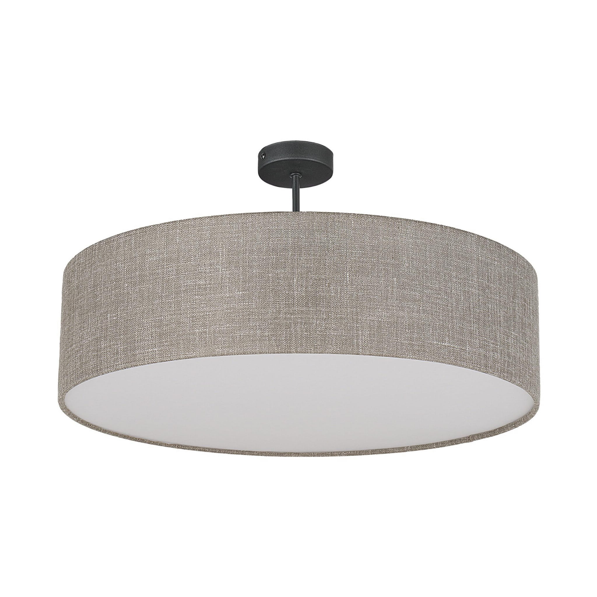 Beżowa lampa sufitowa Rondo D60, 4-punktowa, o okrągłym kształcie z tkaninowym abażurem. Produkt zawieszony na czarnym stelażu, z prostym, minimalistycznym designem. Widoczna gładka, biała wewnętrzna strona klosza.