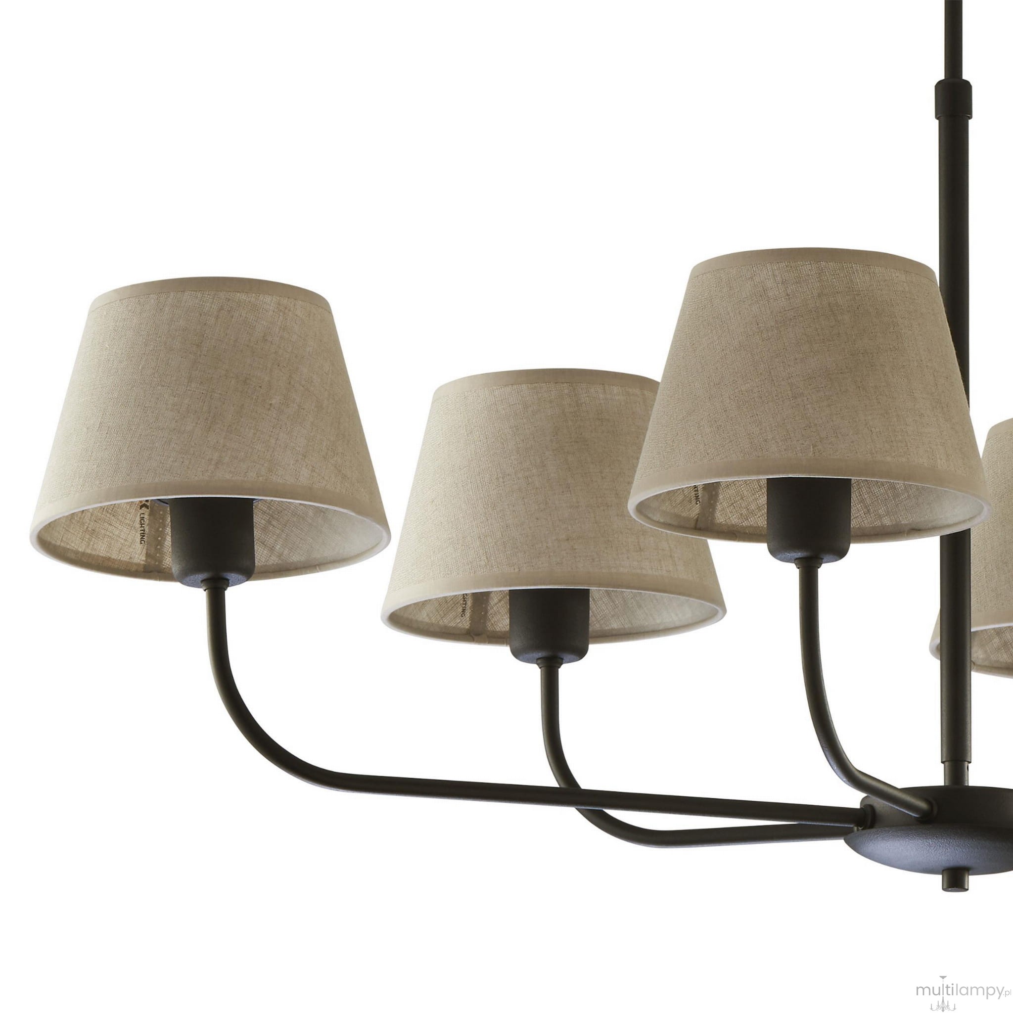 Lampa wisząca Chicago, 6-punktowa, z czarnym metalowym stelażem i lnianymi kloszami w jasnym odcieniu. Ujęcie z boku, ukazujące detale kloszy i konstrukcję. Idealna do nowoczesnych wnętrz.