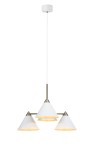 Lampa wisząca Klint 4-punktowa w kolorze białym i stalowym, z trzema stożkowymi kloszami. Produkt zawieszony na cienkim, białym przewodzie, z okrągłym, białym mocowaniem sufitowym. Klosze mają delikatne, ciepłe podświetlenie.