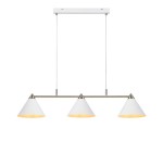 Lampa wisząca Klint 3-punktowa w białym kolorze z stalowymi elementami. Składa się z trzech stożkowatych kloszy z matowego materiału, zawieszonych na metalowej rurze. Ujęcie frontalne, na białym tle, ukazujące całość konstrukcji.