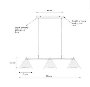 Trzykloszowa lampa wisząca Klint w białym kolorze z metalowymi detalami. Klosze mają kształt stożków, zawieszone na stalowej konstrukcji. Wymiary: długość 98,5 cm, wysokość 21 cm, głębokość osłony sufitowej 8 cm, wysokość 3 cm.