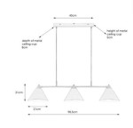 Trzykloszowa lampa wisząca Klint w białym kolorze z metalowymi detalami. Klosze mają kształt stożków, zawieszone na stalowej konstrukcji. Wymiary: długość 98,5 cm, wysokość 21 cm, głębokość osłony sufitowej 8 cm, wysokość 3 cm.