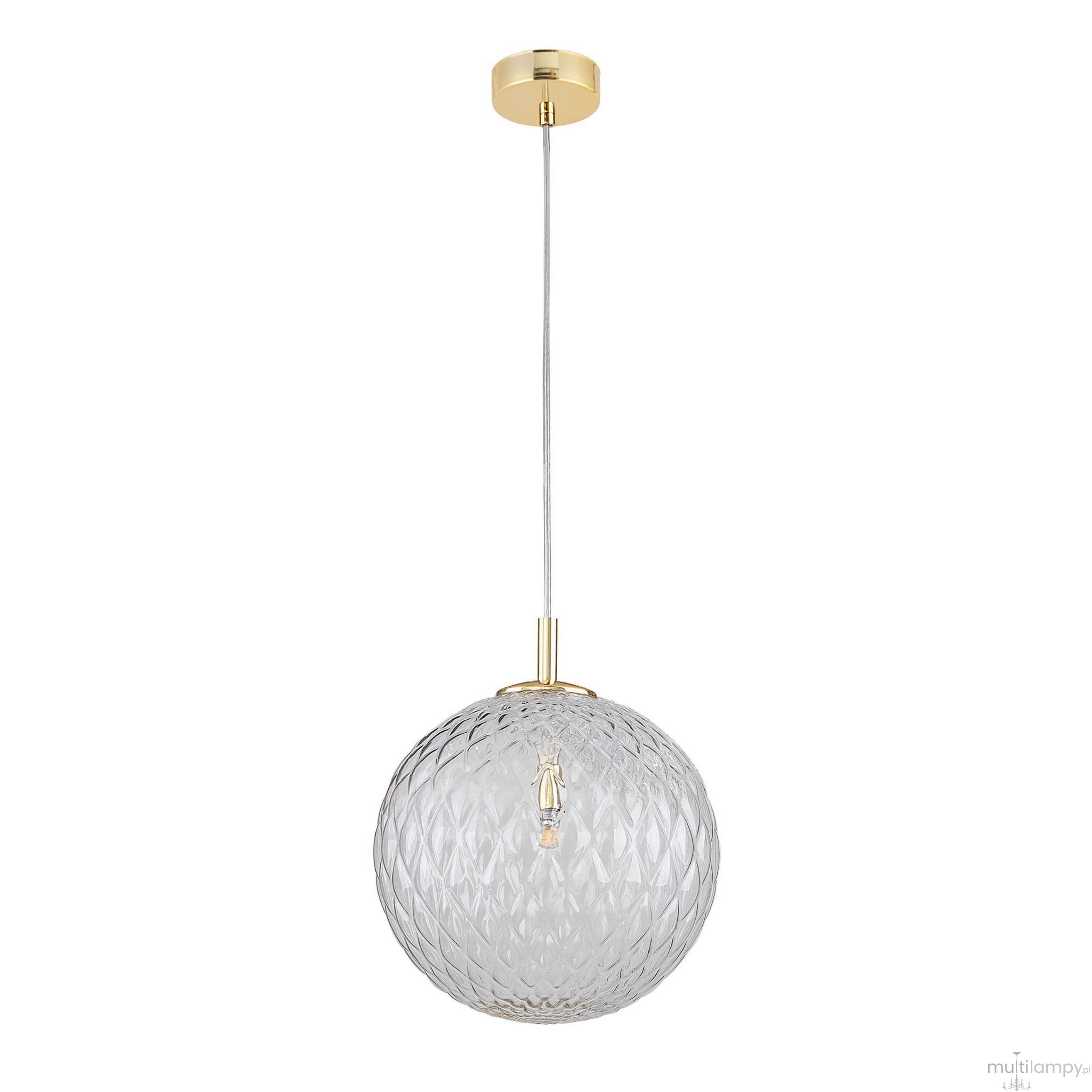 Lampa wisząca Cadix D30, 1-punktowa, z przezroczystym, teksturowanym kloszem w kształcie kuli oraz złotą podstawą. Zawieszona na cienkim przewodzie, w frontalnym ujęciu. Idealna do nowoczesnych aranżacji wnętrz.