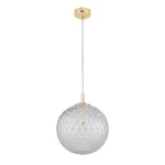 Lampa wisząca Cadix D30, 1-punktowa, z przezroczystym, teksturowanym kloszem w kształcie kuli oraz złotą podstawą. Zawieszona na cienkim przewodzie, w frontalnym ujęciu. Idealna do nowoczesnych aranżacji wnętrz.